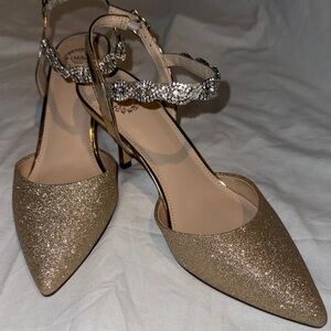 Shimmering Gold Heels with Rhinestone Straps
